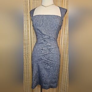 Pleated Structured Gray Bodycon Pencil Midi Linen & Cotton Dress, Nicole Miller